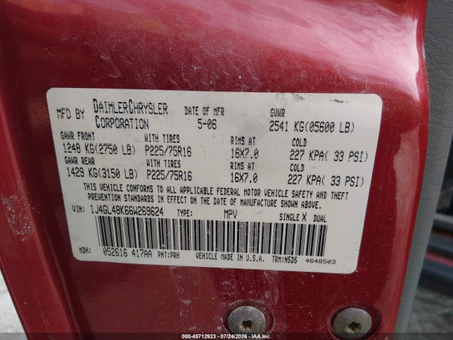 45712923 :رقم المزاد ، 1J4GL48K66W269624 vin ، 2006 Jeep Liberty Sport مزاد بيع