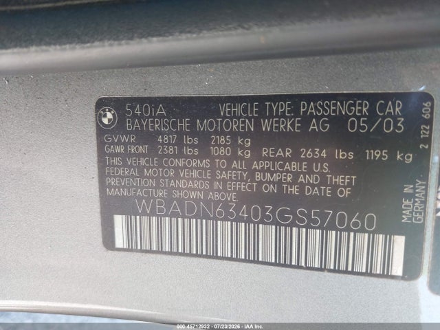 2003 Bmw 540ia მანქანა იყიდება აუქციონზე, vin: WBADN63403GS57060, აუქციონის ნომერი: 45712932