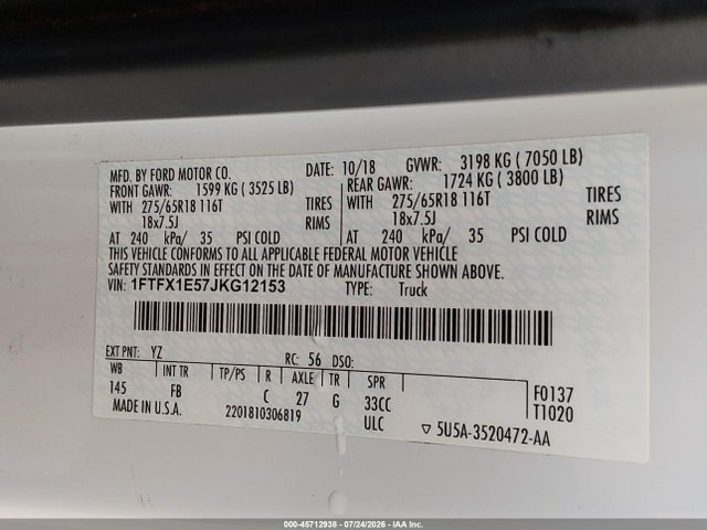 Продаж на аукціоні авто 2018 Ford F-150 Xlt, vin: 1FTFX1E57JKG12153, номер лоту: 45712938