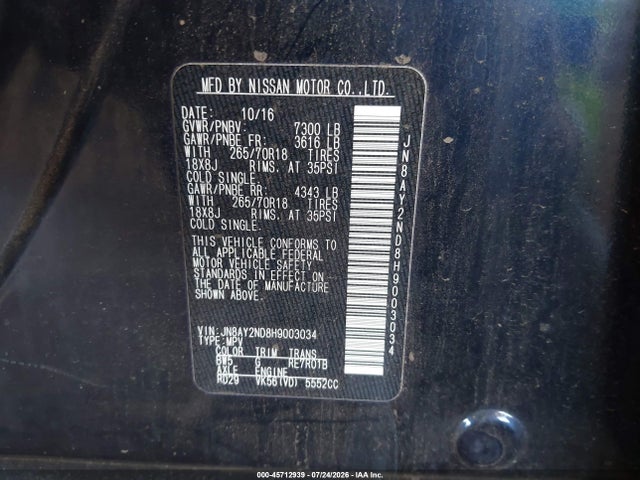 JN8AY2ND8H9003034 Nissan ARMADA SV