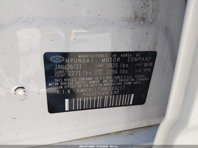 KMHC65LC6MU249217 Hyundai Ioniq Hybrid Blue