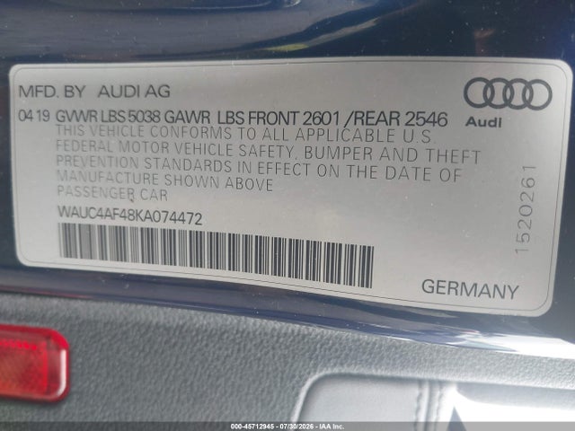Продажа на аукционе авто 2019 Audi S4 3.0t Premium, vin: WAUC4AF48KA074472, номер лота: 45712945