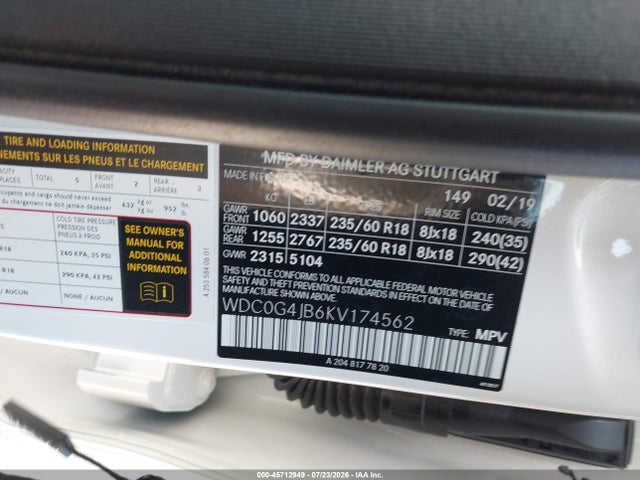 45712949 :رقم المزاد ، WDC0G4JB6KV174562 vin ، 2019 Mercedes-benz Glc 300 مزاد بيع