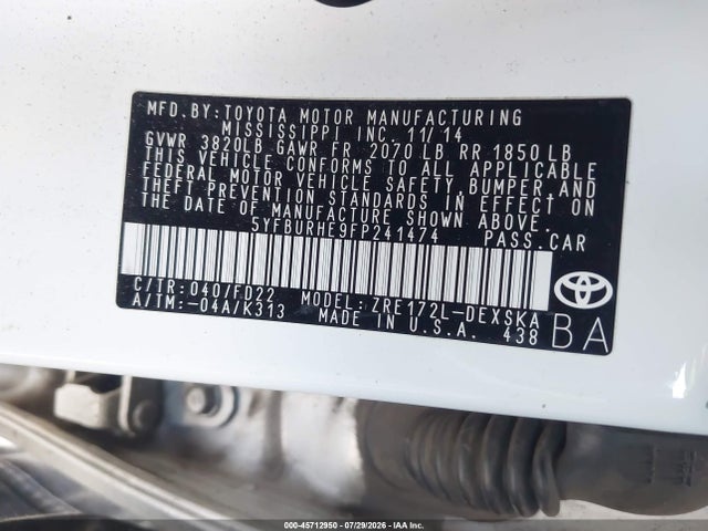 Продаж на аукціоні авто 2015 Toyota Corolla S Plus, vin: 5YFBURHE9FP241474, номер лоту: 45712950