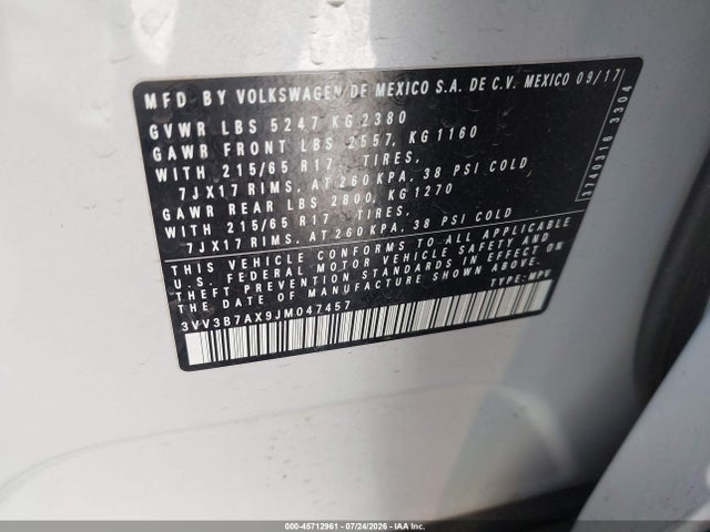 3VV3B7AX9JM047457 Volkswagen Tiguan 2.0t Se/2.0t Sel