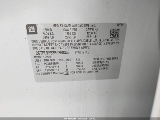 45712969 :رقم المزاد ، 2CTFLVE53B6268333 vin ، 2011 Gmc Terrain Slt-1 مزاد بيع