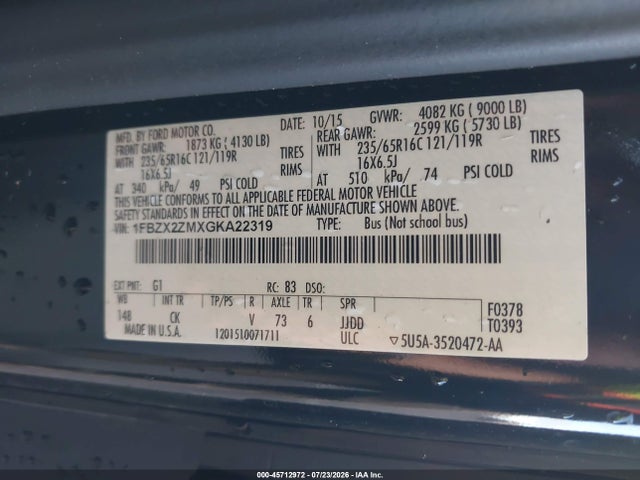 1FBZX2ZMXGKA22319 Ford Transit-350 Xlt