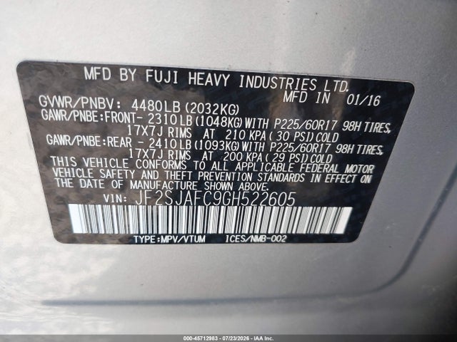 45712983 :رقم المزاد ، JF2SJAFC9GH522605 vin ، 2016 Subaru Forester 2.5i Premium مزاد بيع