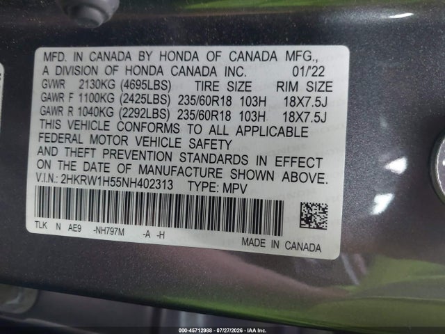 2HKRW1H55NH402313 Honda Cr-v 2wd Ex