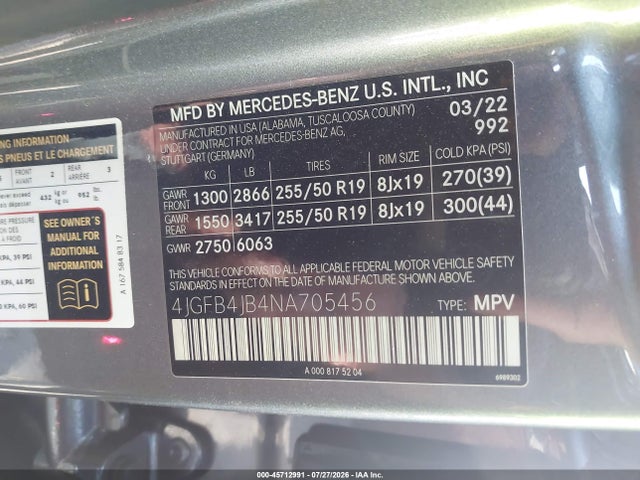 Продаж на аукціоні авто 2022 Mercedes-benz Gle 350, vin: 4JGFB4JB4NA705456, номер лоту: 45712991