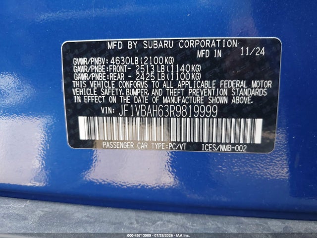 45713009 :رقم المزاد ، JF1VBAH63R9819999 vin ، 2024 Subaru Wrx Premium مزاد بيع