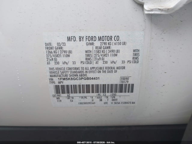 2023 Ford Explorer St მანქანა იყიდება აუქციონზე, vin: 1FM5K8GC3PGB04431, აუქციონის ნომერი: 45713015
