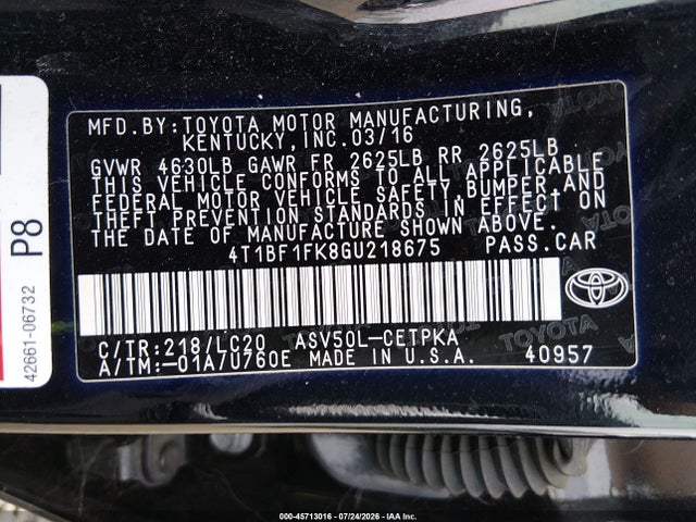 Toyota CAMRY XSE 2016 4T1BF1FK8GU218675 Image 9
