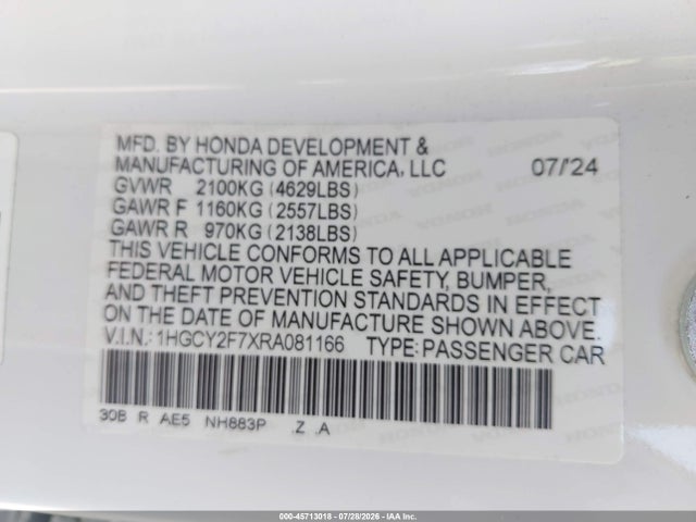 1HGCY2F7XRA081166 Honda Accord Hybrid Sport-l