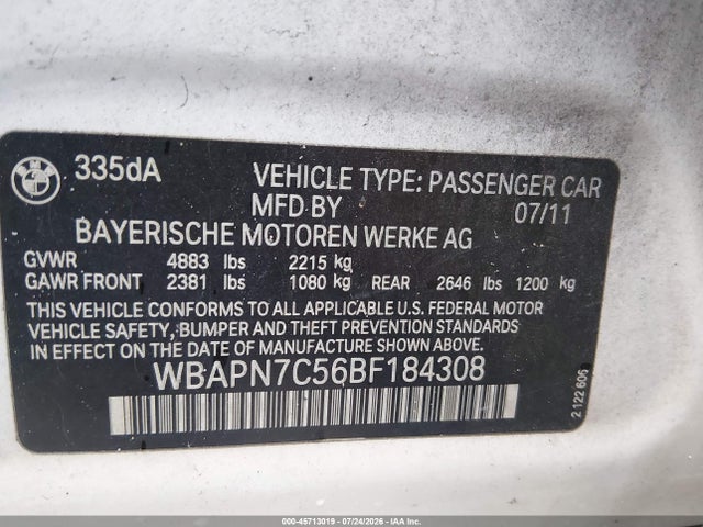 45713019 :رقم المزاد ، WBAPN7C56BF184308 vin ، 2011 Bmw 335d مزاد بيع