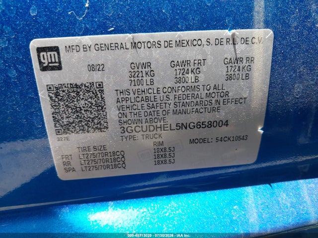 Auction sale of the 2022 Chevrolet Silverado 1500 4wd  Short Bed Zr2, vin: 3GCUDHEL5NG658004, lot number: 45713020