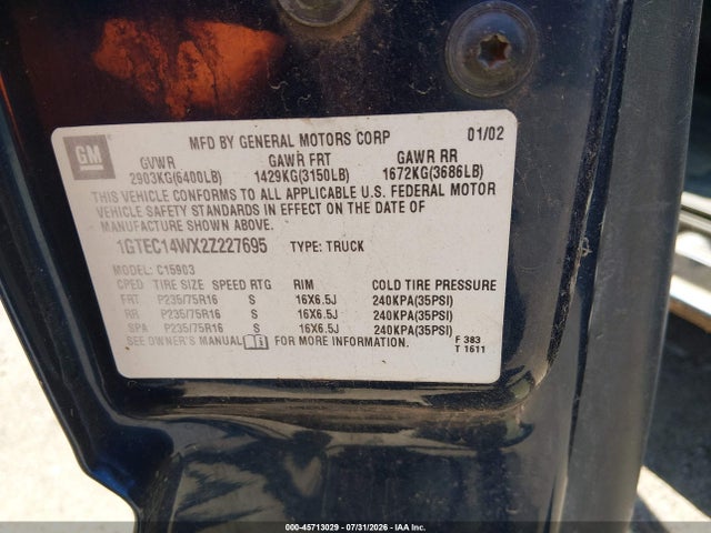 Продаж на аукціоні авто 2002 Gmc New Sierra C1500, vin: 1GTEC14WX2Z227695, номер лоту: 45713029