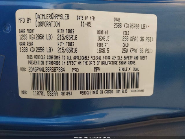 Продаж на аукціоні авто 2006 Dodge Grand Caravan Sxt, vin: 2D4GP44L36R687384, номер лоту: 45713040