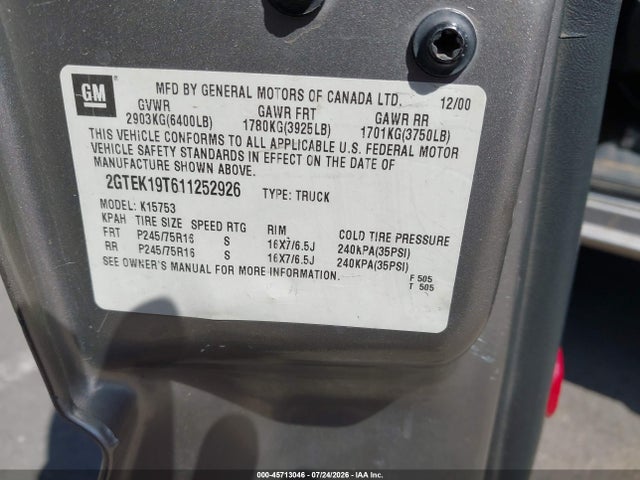 Aukcja sprzedaży 2001 Gmc Sierra 1500 Sle, vin: 2GTEK19T611252926, numer aukcji: 45713046
