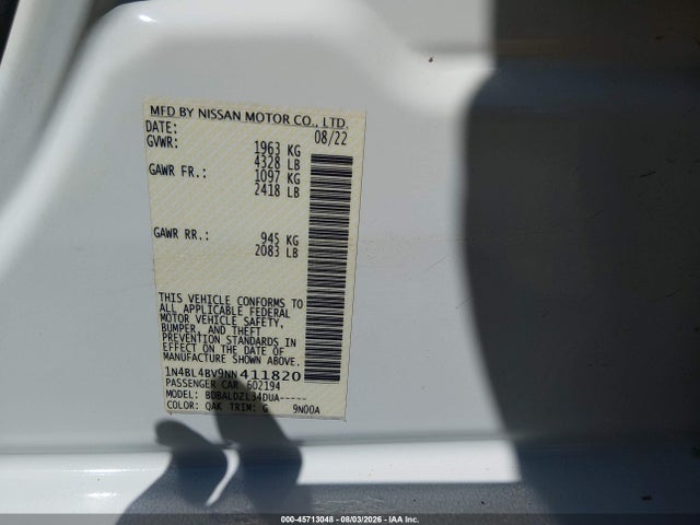 Продаж на аукціоні авто 2022 Nissan Altima S Fwd, vin: 1N4BL4BV9NN411820, номер лоту: 45713048