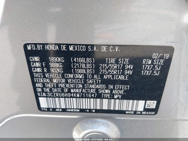 3CZRU6H94KM711647 Honda Hr-v Touring