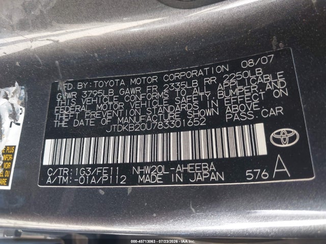 45713063 :رقم المزاد ، JTDKB20U783301652 vin ، 2008 Toyota Prius مزاد بيع