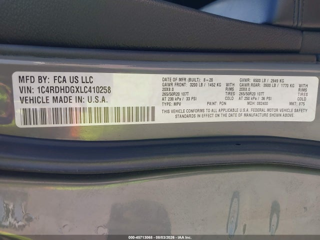 Auction sale of the 2020 Dodge Durango Gt Plus Rwd, vin: 1C4RDHDGXLC410258, lot number: 45713068