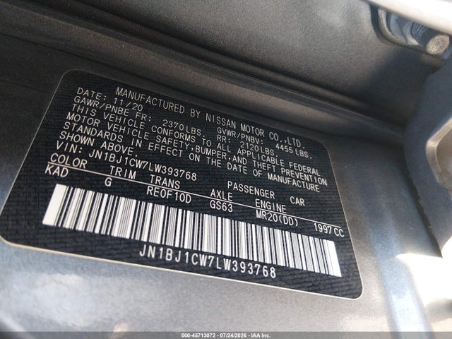 Aukcja sprzedaży 2020 Nissan Rogue Sport S Awd Xtronic Cvt, vin: JN1BJ1CW7LW393768, numer aukcji: 45713072