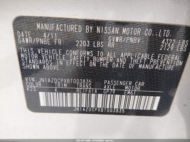 Продажа на аукционе авто 2011 Nissan Leaf Sl, vin: JN1AZ0CPXBT003835, номер лота: 45713090