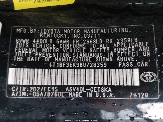Aukcja sprzedaży 2011 Toyota Camry Se, vin: 4T1BF3EK9BU728359, numer aukcji: 45713104