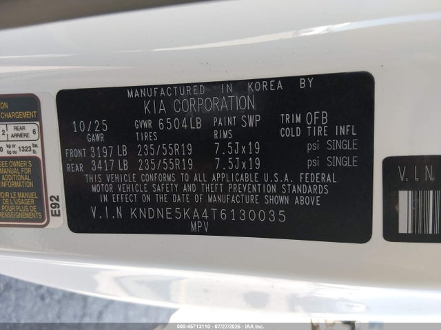 2026 Kia Carnival Mpv Hybrid Sx მანქანა იყიდება აუქციონზე, vin: KNDNE5KA4T6130035, აუქციონის ნომერი: 45713110