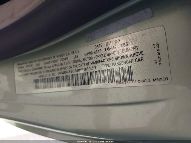 Продаж на аукціоні авто 2008 Volkswagen New Beetle S/se, vin: 3VWRG31C58M502439, номер лоту: 45713115