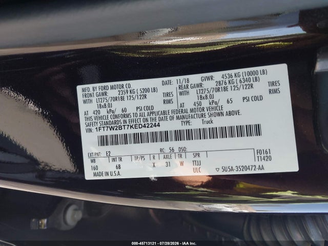 2019 Ford F-250 Lariat მანქანა იყიდება აუქციონზე, vin: 1FT7W2BT7KED42244, აუქციონის ნომერი: 45713121