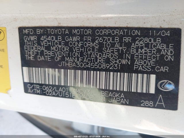 2005 Lexus Es 330 მანქანა იყიდება აუქციონზე, vin: JTHBA30G455089231, აუქციონის ნომერი: 45713123