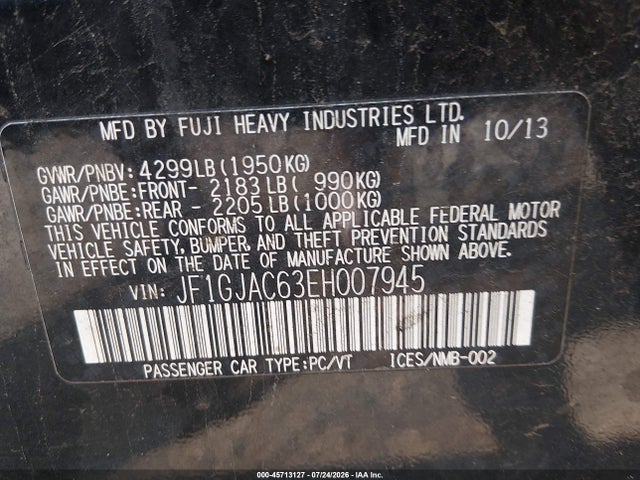45713127 :رقم المزاد ، JF1GJAC63EH007945 vin ، 2014 Subaru Impreza 2.0i Premium مزاد بيع