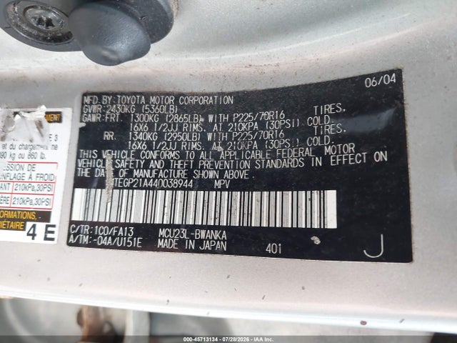 2004 Toyota Highlander V6 მანქანა იყიდება აუქციონზე, vin: JTEGP21A440038944, აუქციონის ნომერი: 45713134