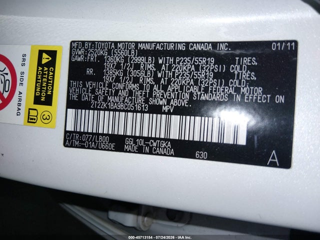 45713154 :رقم المزاد ، 2T2ZK1BA9BC051613 vin ، 2011 Lexus Rx 350 مزاد بيع