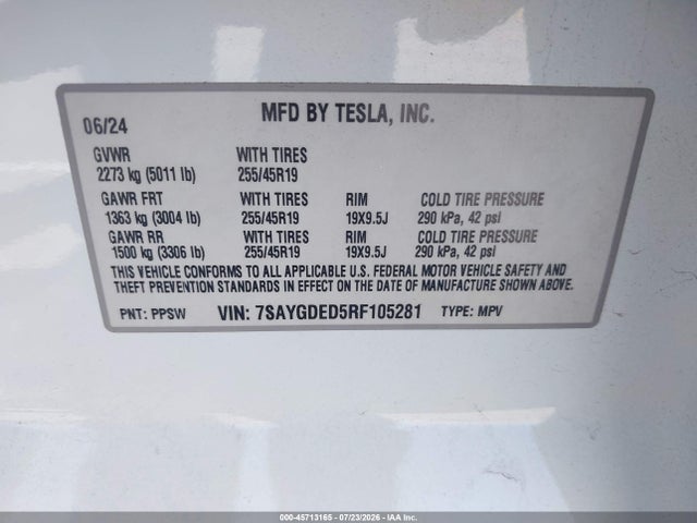 Продажа на аукционе авто 2024 Tesla Model Y Long Range Single Motor Rear-wheel Drive/rwd, vin: 7SAYGDED5RF105281, номер лота: 45713165