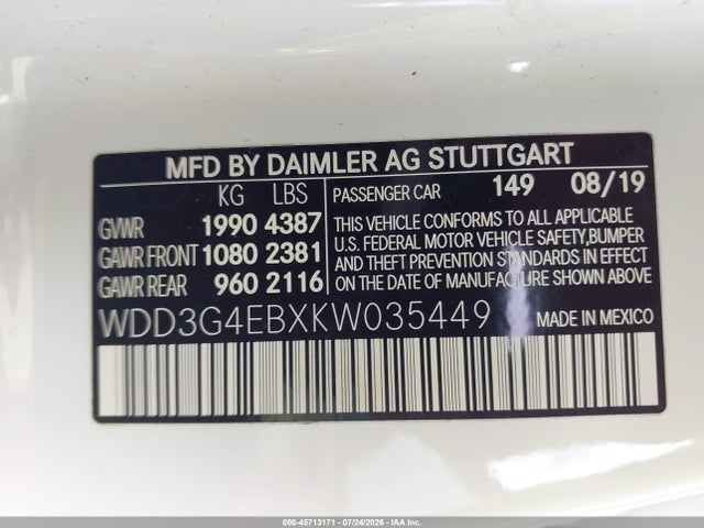 Aukcja sprzedaży 2019 Mercedes-benz A 220, vin: WDD3G4EBXKW035449, numer aukcji: 45713171