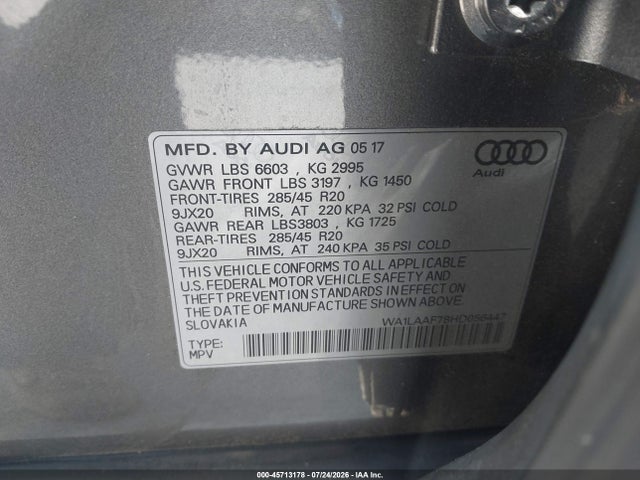 Продажа на аукционе авто 2017 Audi Q7 3.0t Premium, vin: WA1LAAF78HD056447, номер лота: 45713178