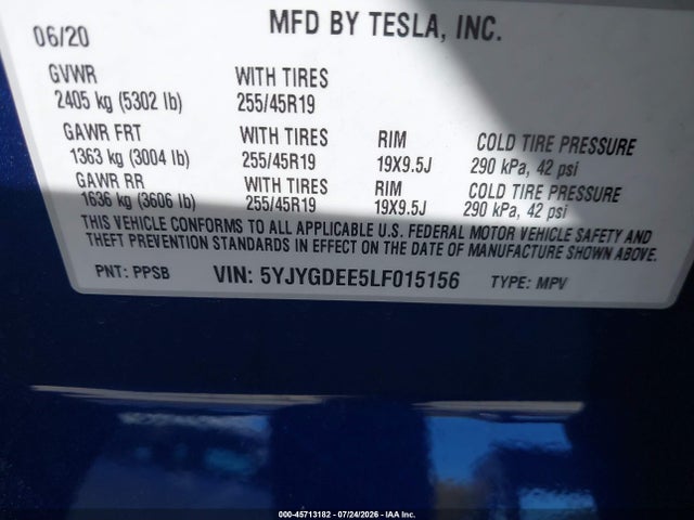 45713182 :رقم المزاد ، 5YJYGDEE5LF015156 vin ، 2020 Tesla Model Y Long Range Dual Motor All-wheel Drive مزاد بيع