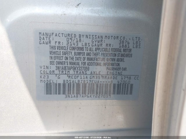 Nissan SENTRA S 2019 3N1AB7AP6KY227059 Image 9