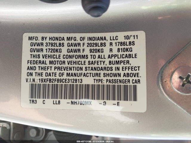 2012 Honda Civic Ex მანქანა იყიდება აუქციონზე, vin: 19XFB2F89CE312813, აუქციონის ნომერი: 45713196