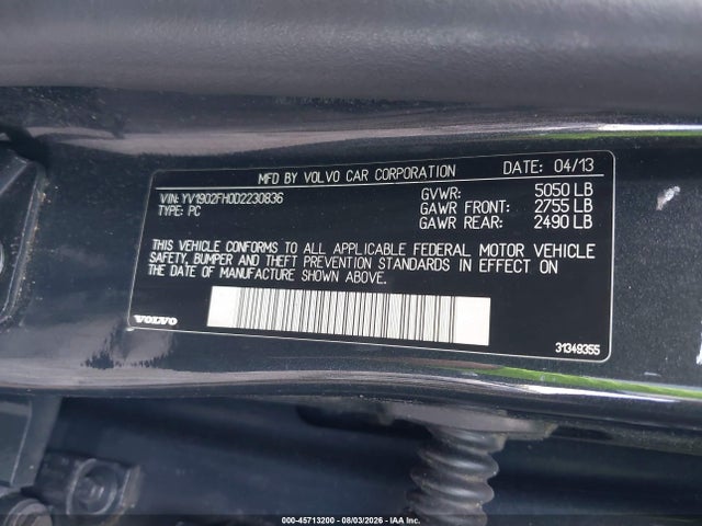 Aukcja sprzedaży 2013 Volvo S60 T6, vin: YV1902FH0D2230836, numer aukcji: 45713200
