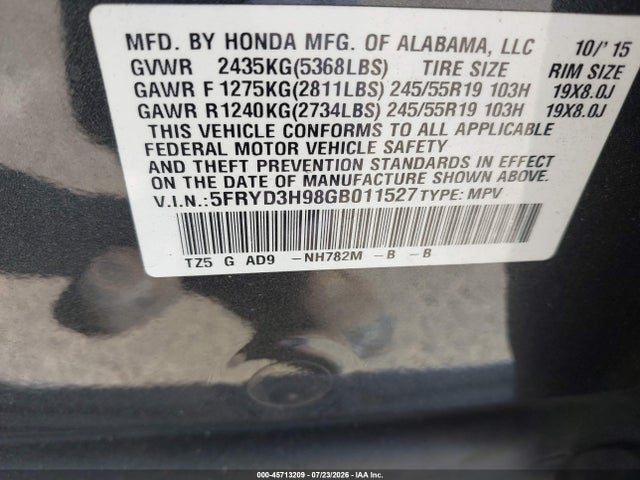 45713209 :رقم المزاد ، 5FRYD3H98GB011527 vin ، 2016 Acura Mdx Advance   Entertainment Packages/advance Package مزاد بيع