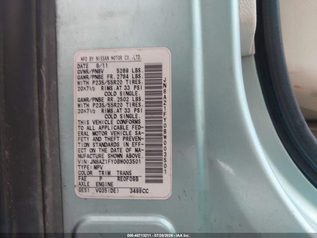 2011 Nissan Murano Crosscabriolet მანქანა იყიდება აუქციონზე, vin: JN8AZ1FY0BW003501, აუქციონის ნომერი: 45713211