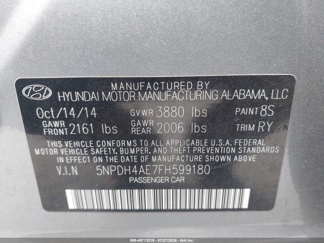 Hyundai Elantra Limited 2015 5NPDH4AE7FH599180 Image 9