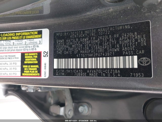 2023 Toyota Camry Se მანქანა იყიდება აუქციონზე, vin: 4T1G11AK2PU743971, აუქციონის ნომერი: 45713231