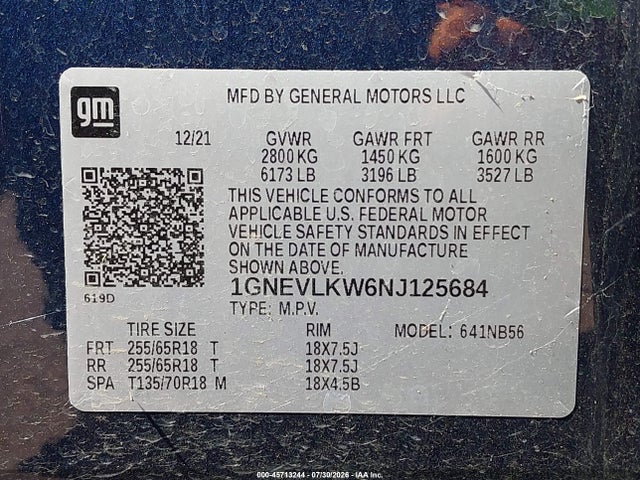 2022 Chevrolet Traverse Awd 1fl მანქანა იყიდება აუქციონზე, vin: 1GNEVLKW6NJ125684, აუქციონის ნომერი: 45713244