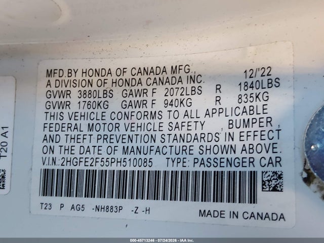 2HGFE2F55PH510085 Honda Civic Sport